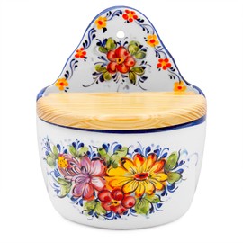 Portuguese Pottery Alcobaça Ceramic Hand Painted Salt Cellar with Lid