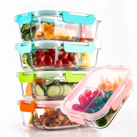 Glass Meal Prep Containers 3 Compartment with Lids (5 Pack, 36oz), Divided Glass Storage Containers for Lunch at Work, Leak-Proof Portion Control Food Containers, Microwave / Dishwasher Safe