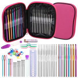 Ruasol Crochet Hooks Set, 60 Pieces Crochet Hooks Set with Storage Box, Ergonomic Knitting Needles, Blunt Needles, Stitch Markers, DIY Hand Knitting Craft Tools for Beginners