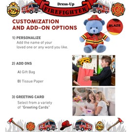 DolliBu Baby Blue Bear Firefighter Stuffed Animal with Name Personalization - Super Soft Blue Bear with Red Fireman Costume Outfit and Fireman Hat, Fire Fighter Doll Plush Toy for Kids - 8 Inch