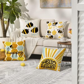MAIGO 4Pcs Bee Cushion Covers 45 X 45 cm - Home Sofa Cushions, Outdoor 18x18 Inch Cushion Covers, Yellow Bee Pillow Covers Set of 4, Waterproof Cushion Covers, Bee Throw Gifts for Lovers