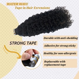 Water Wave Tape in Hair Extensions 100% Real Human Hair 20Inch Nature Black Loose Curly Tape in Extensions for Black Women 40PCS 100G/Set Skin Weft Adhesive #1B