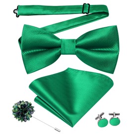 Hi-Tie Pretied Bowtie Lapel Pin Set for Men Pocket Square Cufflinks 4PCS Bow Tie Set Mens Wedding Business Party, Kelly Green