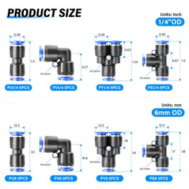 TAILONZ PNEUMATIC 1/4 Inch OD/6MM OD Push to Connect Fittings Pneumatic Fittings Kit 5 Spliters+5 Elbows+5 tee+5 Straight/5 Spliters+5 Elbows+5 tee+5 Straight(40 pcs)