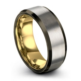 Midnight Rose Collection Tungsten Wedding Band Ring 8mm for Men Women 18k Yellow Gold Grey Plated Bevel Edge Gunmetal Brushed Polished Size 7