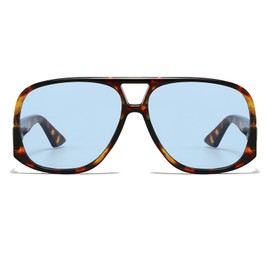 YAMEIZE Retro Square Pilot Sunglasses for Women Men Vintage Oversized Double Bridge 90s Sunglasses UV400 (Leopard Blue)