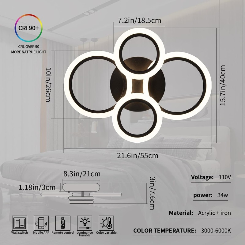 Shine LUEST 34W Modern LED Ceiling Light, 3000K-6000K Dimmable Ceiling