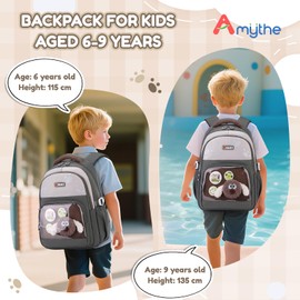 Amythe School Bag Boys School Bag for Boys 1st - 3rd Grade, Breathable Children's Backpack, Large Backpack Nursery Boys with Cute Dolls and Badges, gray