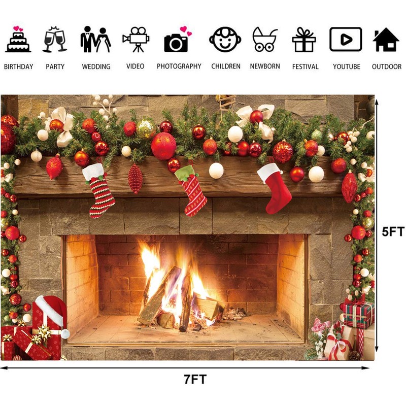 Christmas Fireplace Backdrop 7x5ft – Festive Holiday Mantel Scene with