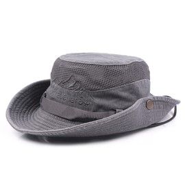 KeepSa Sun Hat for Men, Cotton Embroidery Summer Outdoor Sun Protection Wide Brim Bucket Hat Foldable Safari Boonie Hat Grey