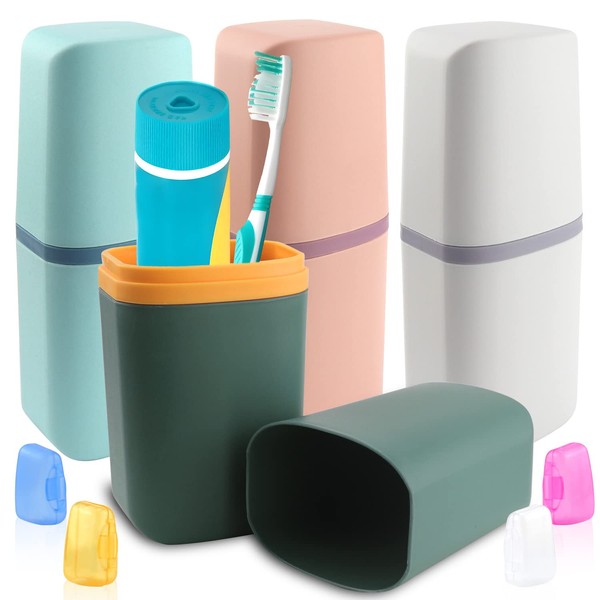 Travel Toothbrush Case Toothbrush Cup Travel Set Toothbrush Case Travel Case Toothbrush Holder Toothbrush Box and 4 Toothbrush Cases Portable for Camping Business Travel Home Pack of 4