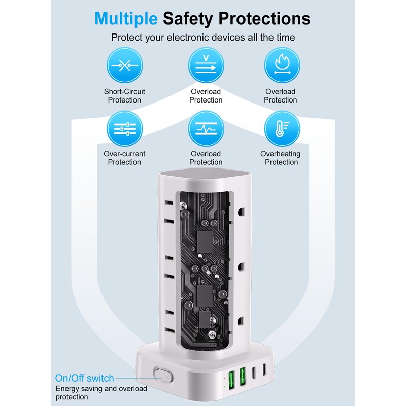 Power Strip Tower with Multiple Outlets, Flat Plug Surge Protector