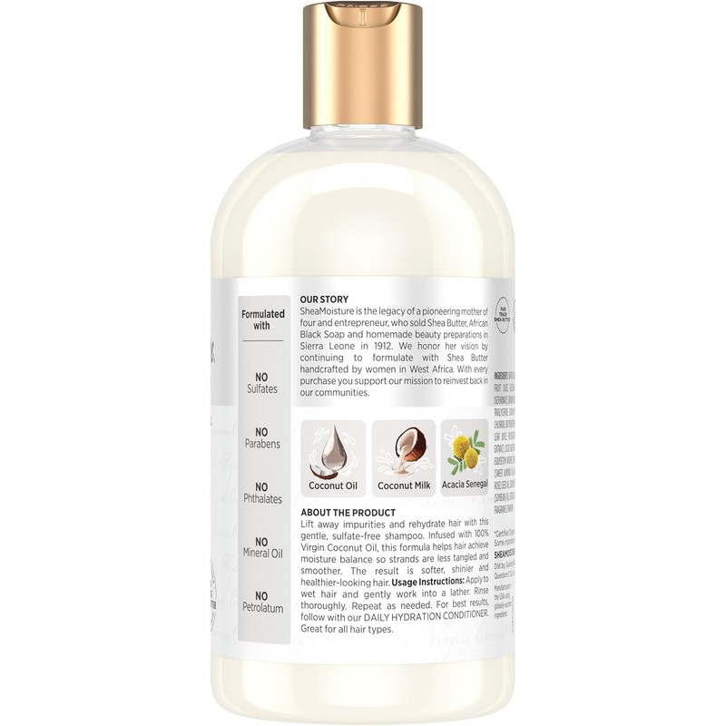 SHEA MOISTURE Daily Hydration Shampoo, Blanco, Coco, 384 Mililitro