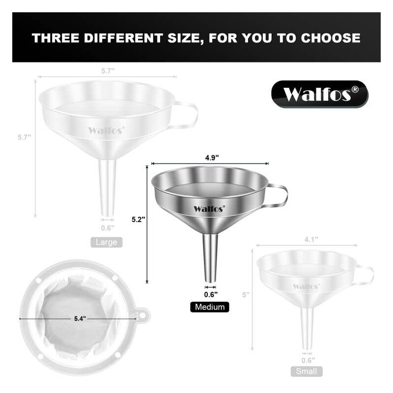 WALFOS Multi-use Stainless Steel Kitchen Funnel with 2 Removable Strainer
