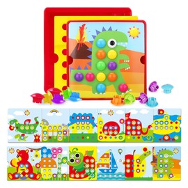 JurciCat Child Mosaic Plug-In Game with 46 Large Beads and 12 Colourful Cards, Creative Educational Learning Toy for Plug-In Game from 2 (Dinosaurs)