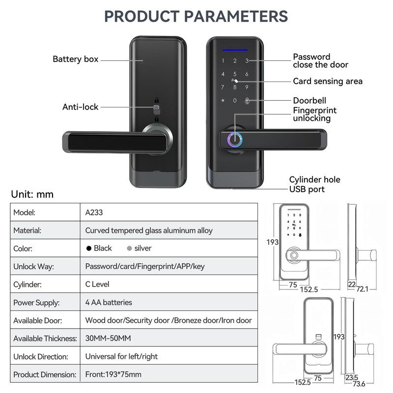 GEKRONE Smart Front Door Lock with Lever Handle, Keyless Entry