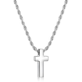 Fiusem Cross Necklace for Men, Silver Tone Tiny Cross Pendant Necklace and Cross Chain for Men and Women, Stainless Steel Mens Cross Necklace 18 Inch