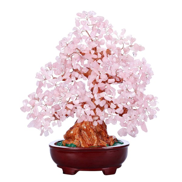 Jovivi Feng Shui Natural Rose Quartz Crystal Money Tree Resin Base Healing Stones Bonsai Style Tree Large Decoration for Wealth and Luck 9.5 Inches