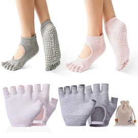 FHUIEWRY 2 Pairs Non Slip Yoga Toe Socks Gloves Set, Women Fingerless Gym Gloves and Pilates Socks, Yoga Five Toe with Grip Sport Glove for Pilates, Barre, Ballet, Fitness（Pink, Gray）