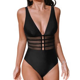 CUPSHE Women's One Piece Swimsuit Tummy Control Bathing Suit Deep V Neck Cut Out Mesh Adjustable Straps, XS Black