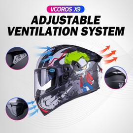 VCOROS Full Face Dual Visor Motorcycle Helmet for Adults Motorbike Street Bike Racing Helmets X9 DOT Approved with Black Visor (Alien, X-Large)