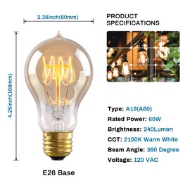 4-Pack Edison Light Bulb, 60 Watts, A19 Vintage Incandescent Light Bulbs, Dimmable Old Fashioned E26 Incandescent Light Bulbs, 240 Lumens, 2100K Warm White, Amber Glass