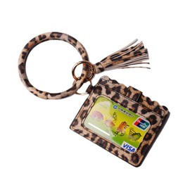 Lantintop Multifunctional Key Ring with Card Holder PU Leather Round Key Ring With Matching Wristlet Wallet For Women Girls (Leopard)