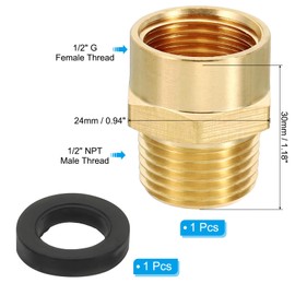 PATIKIL Brass Pipe Fitting Adapter, 1/2" NPT Male Thread x 1/2" G Female Thread Brass Reducer Hex Tubing Hose Connector Adaptor with Washer for Plumbing