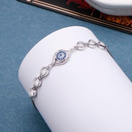 Ladytree Evil Eye Bracelet for Women 925 Sterling Silver Adjustable Blue Evil Eye Silver Bracelet Protection Jewelry Gift