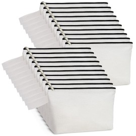 20Pcs 12Oz Canvas Makeup Bags Bulk with Bottom & Strap, KOOLMOX Canvas Pencil Pouch Plain Makeup Bags to Personalize (White Bag w/Black Zipper, S, 9x4.7x1.5'')