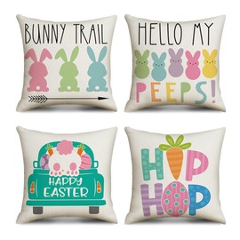 Easter Pillow Covers 18x18 Inch Set of 4pcs Easter Sofa Pillow Covers Bunny Car Hello Hip Hop Throw Pillow Covers Spring Couch Pillow Covers Cute Rabbit Pillow Covers for Home Decor Easter Decorative