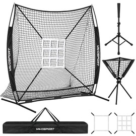 7x7 ft Baseball & Softball Practice Net - Large Ball Collection System for Batting, Hitting, Pitching, Portable Baseball Training Equipment with 2 Strike Zone, Batting Tee, Ball Caddy, Carry Bag