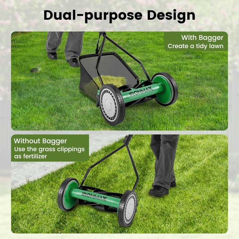 14" Manual Reel Mower w/ 5-Blade 6.6 Gallon Removable Grass