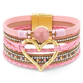 VIBILIA Boho Leather Wrap Bracelets for Women Heart Multi-Layer Bracelets with Strong Clasp Jewelry for Women-Pink
