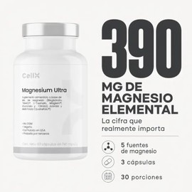 CellX Magnesium Ultra 390 mg Magnesio Elemental | Bisglicinato TRAACS® + Magtein™ + Gluconato + Citrato | Complejo B | 90 Cápsulas | 30 Porciones