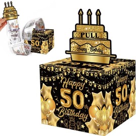 Losuya Happy Birthday Money Box für Bargeld Geschenk Schwarz Gold Pull Überraschung Geld Geschenkbox für Geburtstagsgeschenke Geld Kuchen Ausziehen Bargeld Geschenkbox Zubehör (50th)