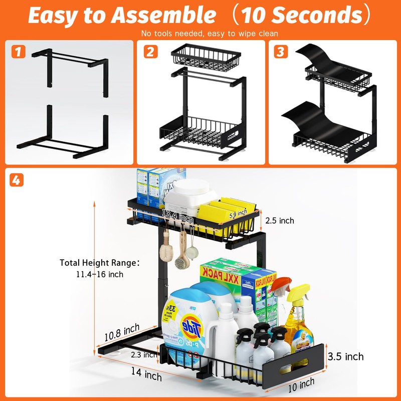 ADBIU Under Sink Organizer(10 Seconds Installation), 1 Pack 2 Tier