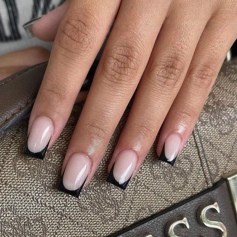 Black French Tip Press on Nails Short Square Nails Press
