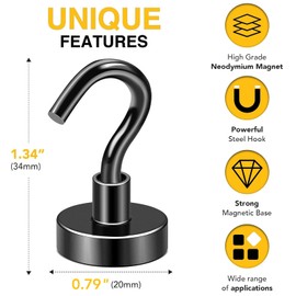 DIYMAG Black Magnetic Hooks, 50 LB Heavy Duty Magnet with Hook, 6 Packs Strong Rare Earth Neodymium Magnets for Hanging, Magnetics Hanger for Curtain, Home, Kitchen, Workplace