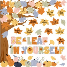 Funrous Tree Bulletin Board Set Big Fall Tree Classroom Decorations Be Leaf in Yourself Bulletin Board Kit Motivational Maple Leaves Pumpkin Cutout Thanksgiving Back to School (Pumpkin)