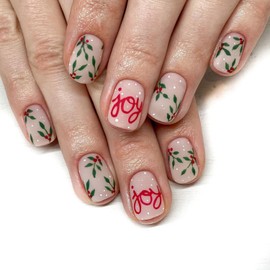 LPOODDNU Christmas Press on Nails Short Square Fake Nails with Christmas Leaf Designs Matte Finished Glue on Nails Full Cover Short Christmas Nails Press ons for Women Nail Art Decorations 24 Pcs