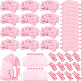 Wavyknot 48 Pcs Spa Party Supplies Sleep over Essentials 12 Pink Spa Headband 12 Pink Plush Sleep Eye Mask 12 Claw Clips 12 Organza Bags for Slumber Party Gift