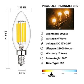 SHUWDKAR Low Voltage Bulbs 12 Volt Candelabra Base LED Bulbs, 12V Candelabra LED Light Bulb 6W (60W Equivalent) Soft White 3000K E12 Base DC 12V 24V, 6 Pack