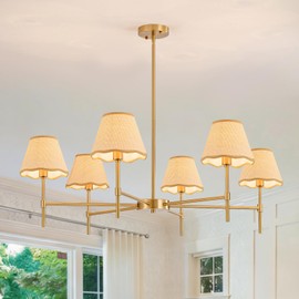 T&A TALENT AND ART 6-Light Rattan Chandelier 38.98" Brush Gold Chandelier Large Boho Farmhouse Wicker Chandeliers with Hand-Woven Lampshade for Kitchen Island Dining Living Room Foyer