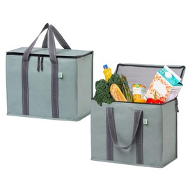 VENO 2 Pack Cooler Bag and Insulated Grocery Bags for Food Delivery, Collapsible Cooler. Reusable Shopping Bags for Groceries with Hard Bottom, Zippered, Foldable, Heavy-Duty (Light Green, 2 Pack)