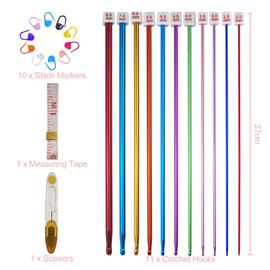Crihovy 11 Stück Tunesische Häkelnadel Set, 2 mm-8 mm Lange Häkelnadeln, Crochet Hook für Strickarbeiten, Bunt Aluminium Häkelnadelset, Häckelnadel mit 10 Stichmarker, für Verschiedene Strickprojekte