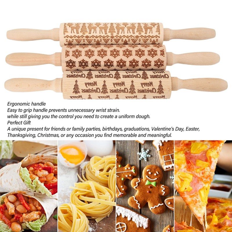 3Pcs Wooden Embossed Rolling Pin Cute Christmas Pattern Engraved Embossing