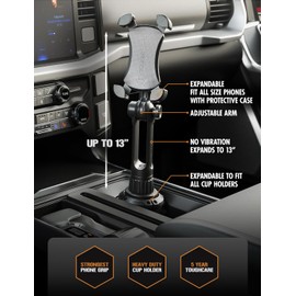 ToughTested Boom Adjustable Mobile Cup Holder Phone Mount, Features Bendable, No-Vibration Boom Arm, Expandable Phone Grip with 360 Degree Rotation, Quick Release Button, Compatible with Smartphones