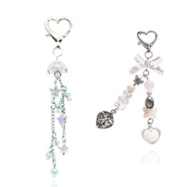 Meefisher Y2K Aesthetic Strawberry Butterfly Accessories Bear Guitar Keychain Cute Keyring for Girl Women Bag Charms Pendant (2 PCS(White Bear Butterfly,Star))