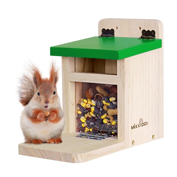 MIXXIDEA Squirrel Feeders for Outside Garden, Wooden Squirrel Feeder Box,Squirrel Feeding Stations with Green Cover, Easy to FillSquirrel Feeding House(Green-1pk)